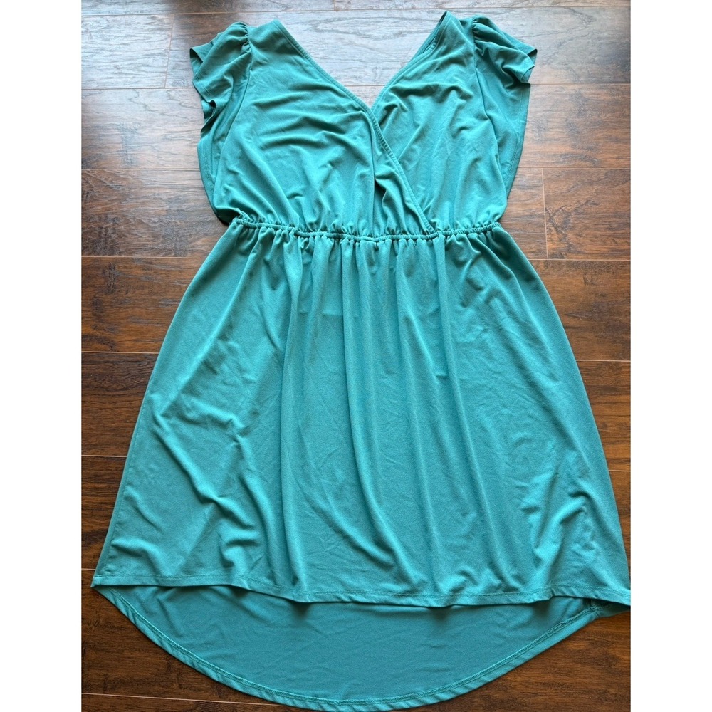 Ava & Viv Dress Teal Green Faux Wrap V Neck Elastic Waist Flowy Plus Size 1X - Picture 2 of 7